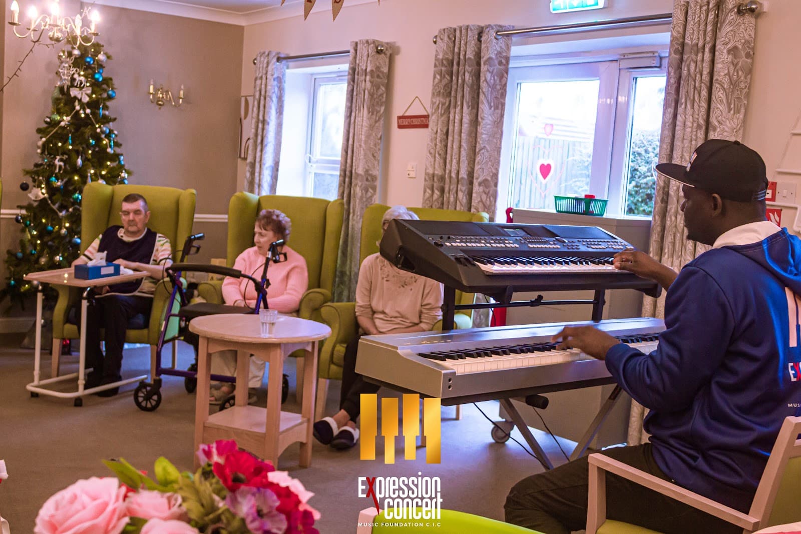 A music therapy session in a care home lounge